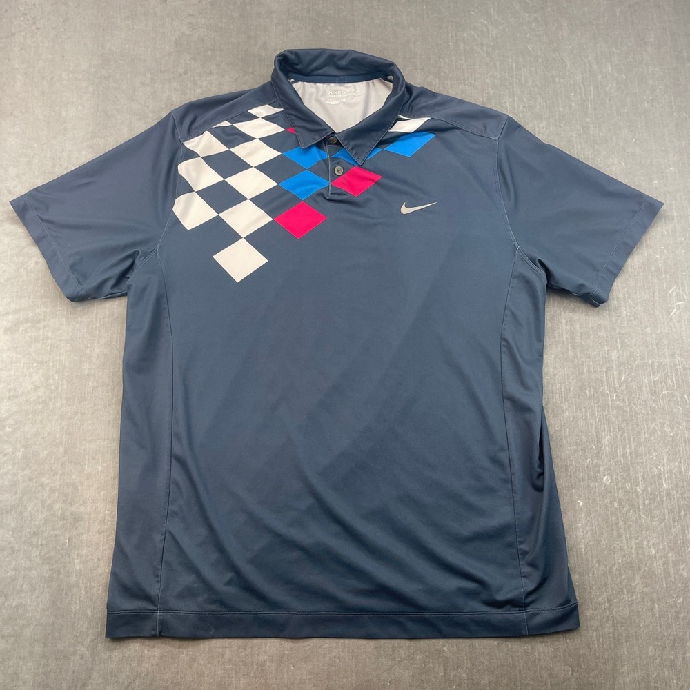 Nike Mens XL Navy Blue Golf Polo Dri-FIT Geometric Diamond Tour Performance